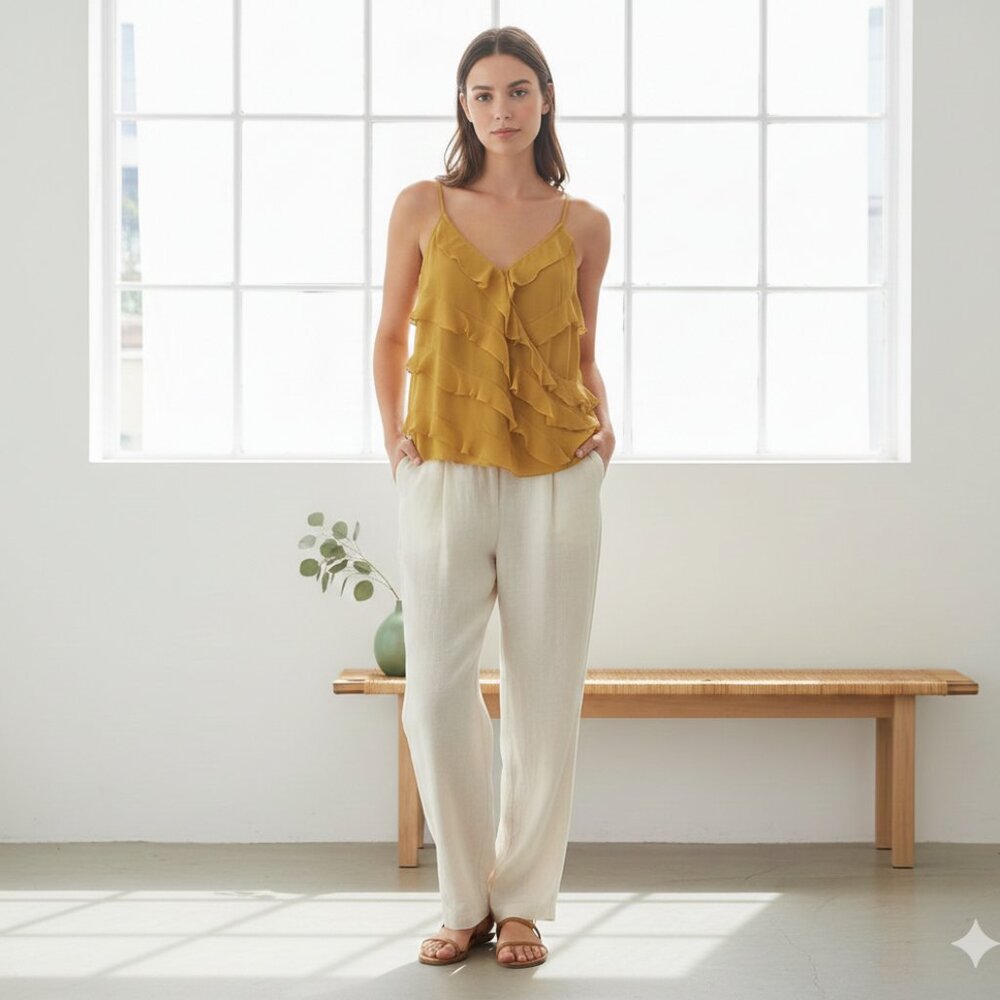Anthropologie Ruffle Tank Top Womens L Mustard Yellow Boho Fairy Retro Whimsical